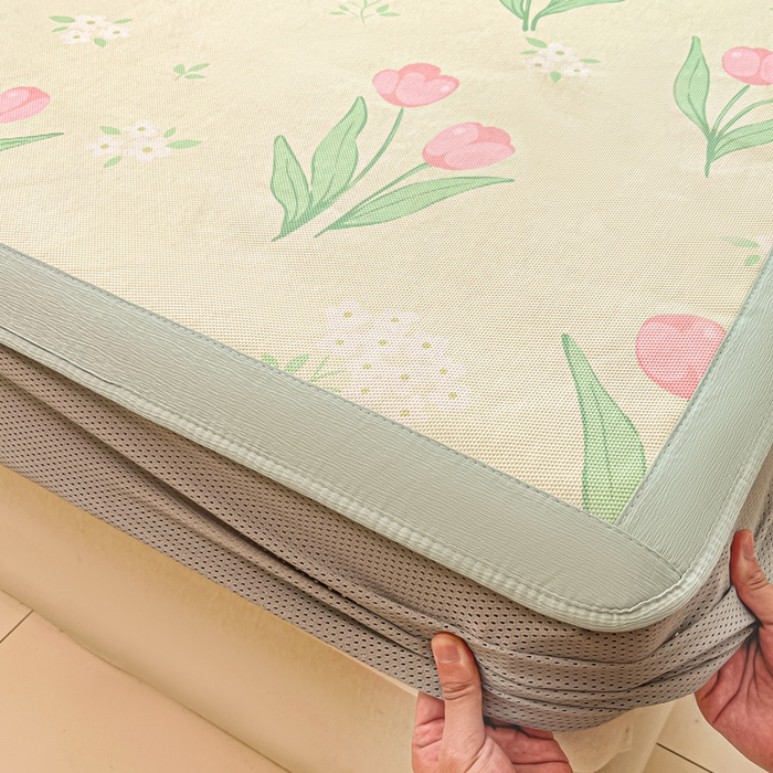 91家纺网 家纺一手货源 找家纺 安哆啦家纺 2025新款A类小清新卡通高品质冰藤印花凉席床笠床席款 冰藤席-郁金香【床笠款】