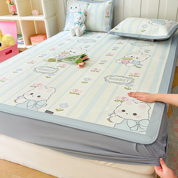 安哆啦家纺 2025新款A类小清新卡通高品质冰藤印花凉席床笠床席款 冰藤席-花中兔【床笠款】