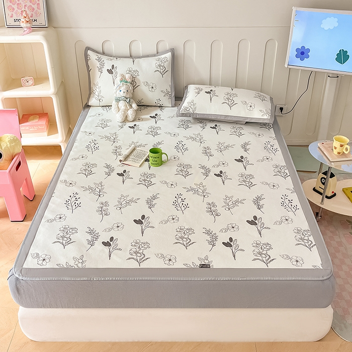 91家纺网 家纺一手货源 找家纺 安哆啦家纺 2025新款A类小清新卡通高品质冰藤印花凉席床笠床席款 冰藤席-空墨【床笠款】