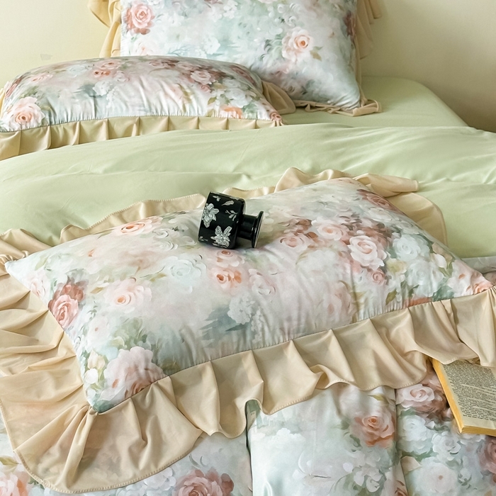 91家纺网 家纺一手货源 找家纺 （总）首选家纺 2025新款法式花边玉锦缎数码印花四件套