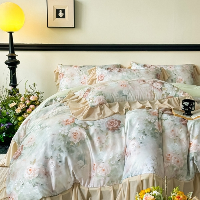 91家纺网 家纺一手货源 找家纺 （总）首选家纺 2025新款法式花边玉锦缎数码印花四件套