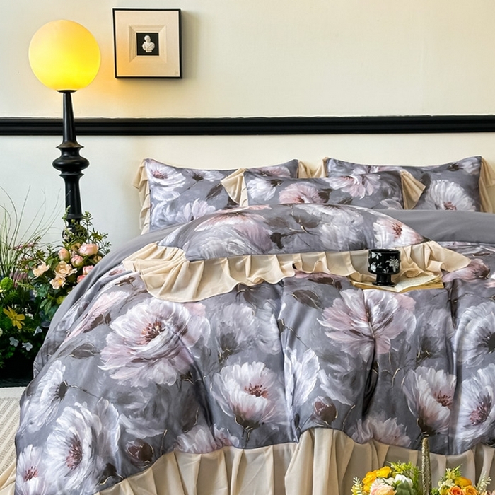 91家纺网 家纺一手货源 找家纺 （总）首选家纺 2025新款法式花边玉锦缎数码印花四件套