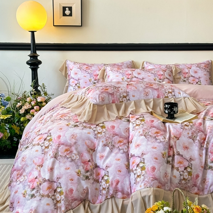 91家纺网 家纺一手货源 找家纺 （总）首选家纺 2025新款法式花边玉锦缎数码印花四件套