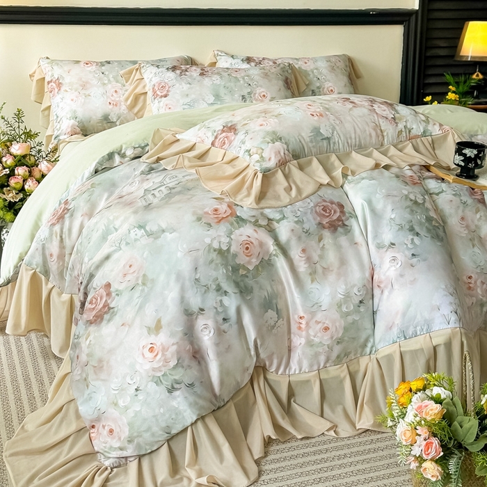 91家纺网 家纺一手货源 找家纺 首选家纺 2025新款法式花边玉锦缎数码印花四件套 法式-春光绿意