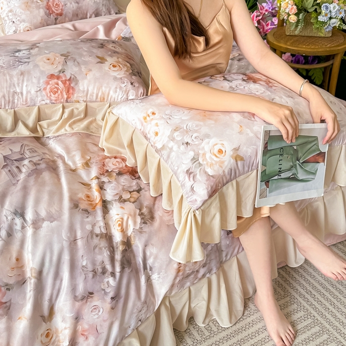 91家纺网 家纺一手货源 找家纺 首选家纺 2025新款法式花边玉锦缎数码印花四件套 法式-淡雅年华