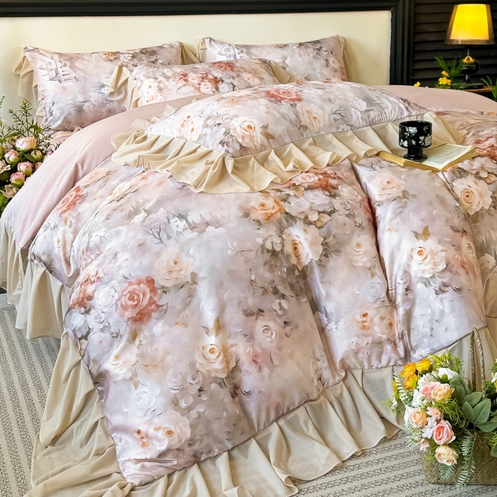 91家纺网 家纺一手货源 找家纺 首选家纺 2025新款法式花边玉锦缎数码印花四件套 法式-淡雅年华