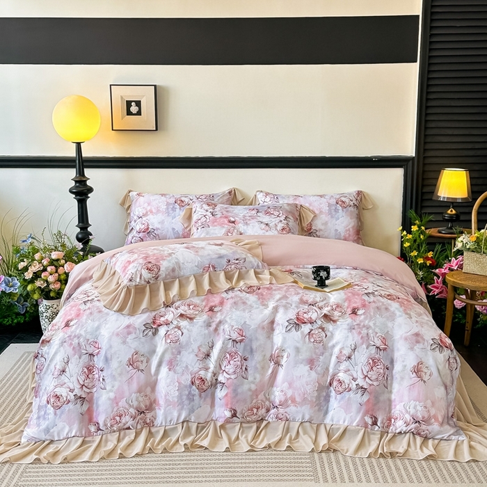 91家纺网 家纺一手货源 找家纺 首选家纺 2025新款法式花边玉锦缎数码印花四件套 法式-莫奈花园