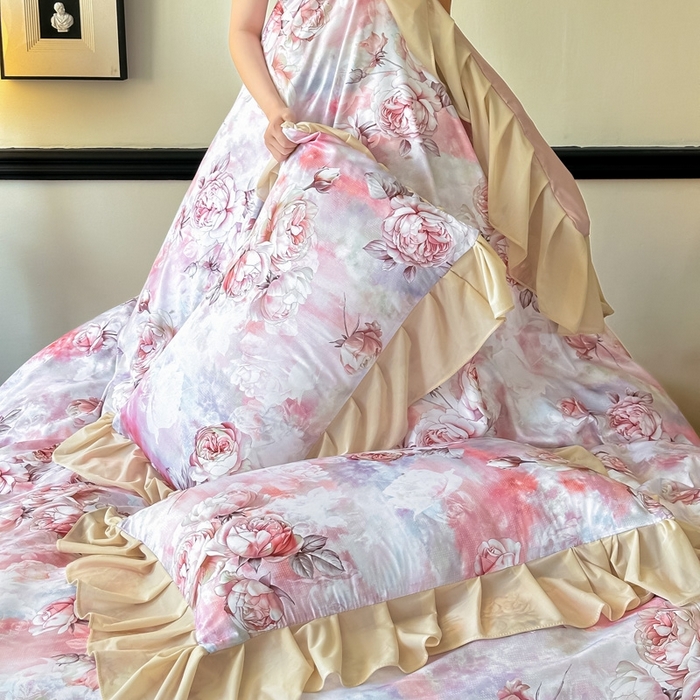 91家纺网 家纺一手货源 找家纺 首选家纺 2025新款法式花边玉锦缎数码印花四件套 法式-莫奈花园