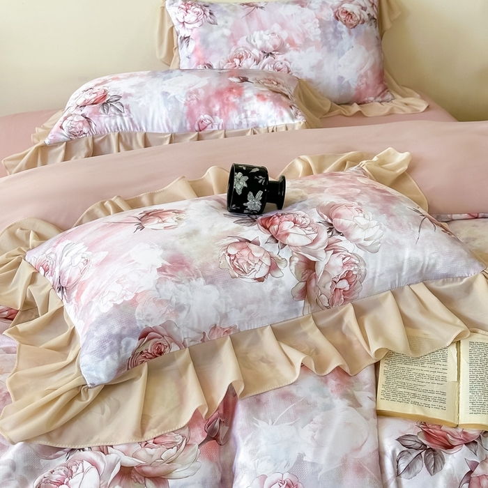 91家纺网 家纺一手货源 找家纺 首选家纺 2025新款法式花边玉锦缎数码印花四件套 法式-莫奈花园