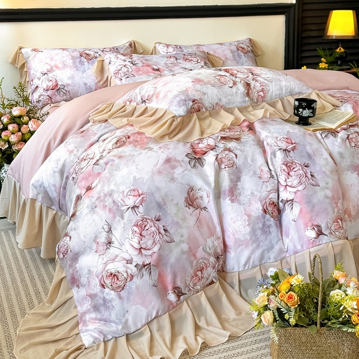 91家纺网 家纺一手货源 找家纺 首选家纺 2025新款法式花边玉锦缎数码印花四件套 法式-莫奈花园