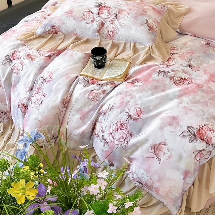 91家纺网 家纺一手货源 找家纺 首选家纺 2025新款法式花边玉锦缎数码印花四件套 法式-莫奈花园