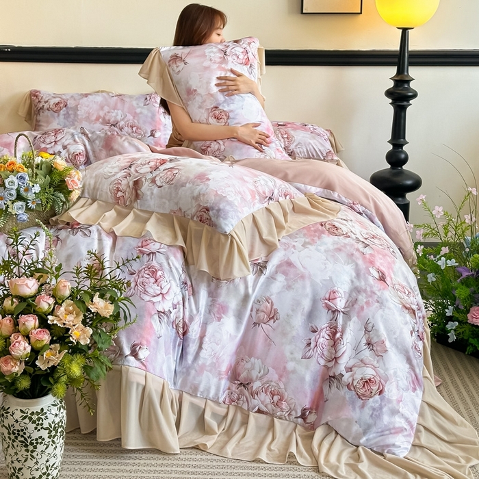 91家纺网 家纺一手货源 找家纺 首选家纺 2025新款法式花边玉锦缎数码印花四件套 法式-莫奈花园