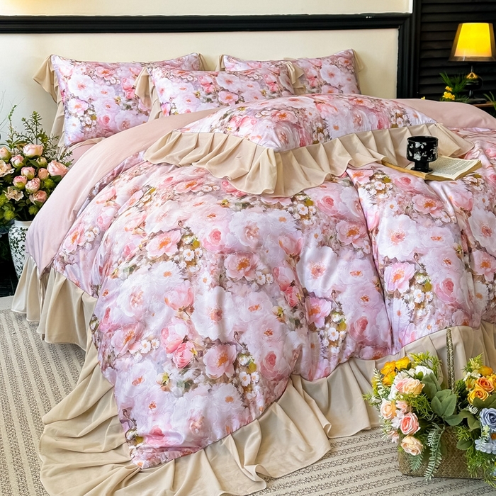 91家纺网 家纺一手货源 找家纺 首选家纺 2025新款法式花边玉锦缎数码印花四件套 法式-情人花朵