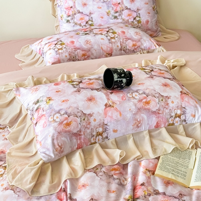 91家纺网 家纺一手货源 找家纺 首选家纺 2025新款法式花边玉锦缎数码印花四件套 法式-情人花朵