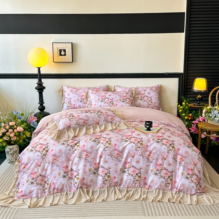 91家纺网 家纺一手货源 找家纺 首选家纺 2025新款法式花边玉锦缎数码印花四件套 法式-情人花朵