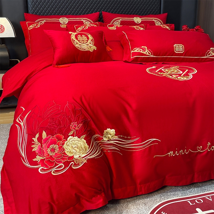 91家纺网 家纺一手货源 找家纺 张公子婚庆馆2025新款长绒棉新中式精美刺绣婚庆四件套（控价不低于328）