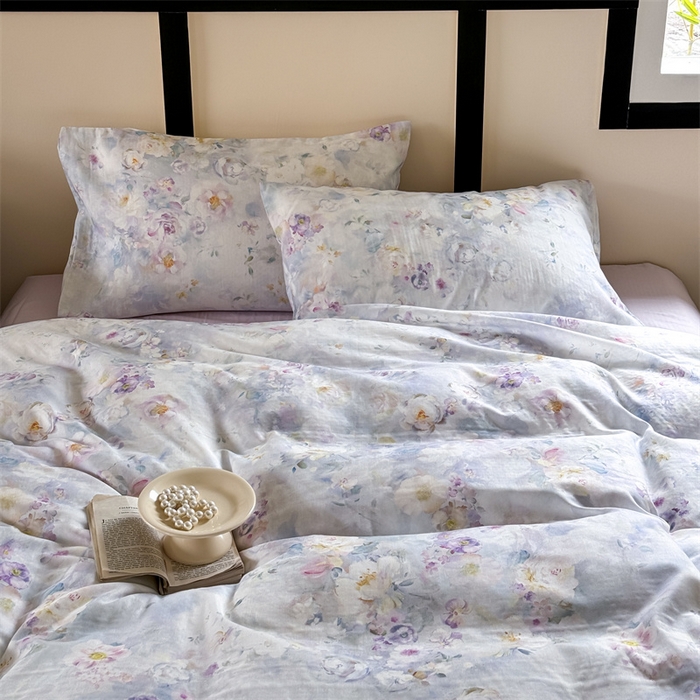 91家纺网 家纺一手货源 找家纺 窝米 2025春季新品全棉双层纱油画风花卉四件套系列（梦境花园、花研巧语） 熙春