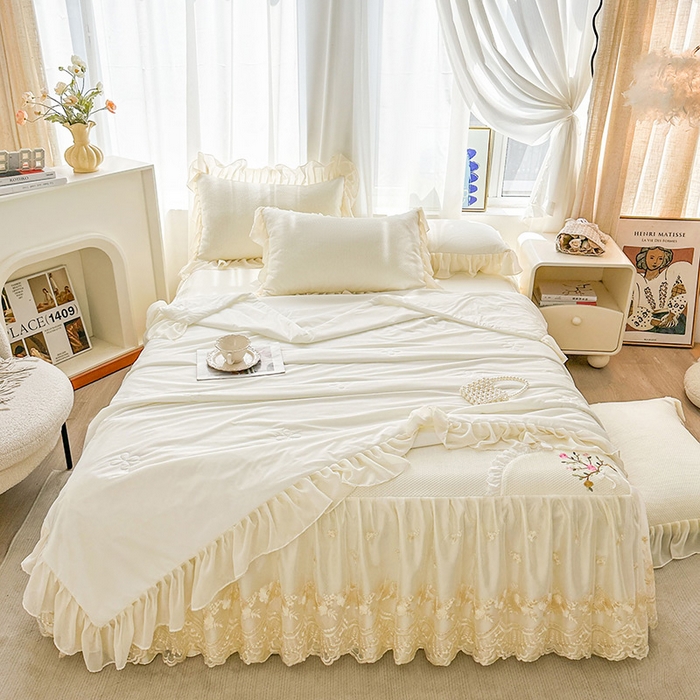 91家纺网 家纺一手货源 找家纺 （总）好儿喜家纺 2025新款春意浓系列凉席床裙冰丝席床罩凉席韩式凉感豆豆凉席床盖