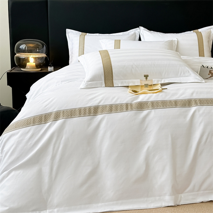 91家纺网 家纺一手货源 找家纺 梦庭帛美 2025新款段条刺绣飞边款四件套 古巴-金