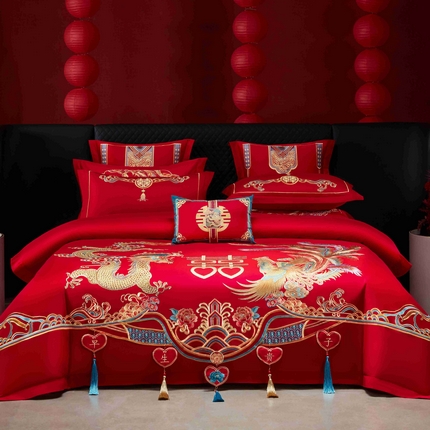 91家纺网 家纺一手货源 找家纺 （总）尹黛尔 2023新款婚庆四件套大红色刺绣可配多件套