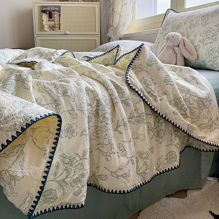 91家纺网 家纺一手货源 找家纺 星巴k家纺 2025新款春夏云感双层纱A类母婴级三角针夏被贝壳边夏凉被贝壳绣【可提供买家秀】 贝壳绣-海像森林