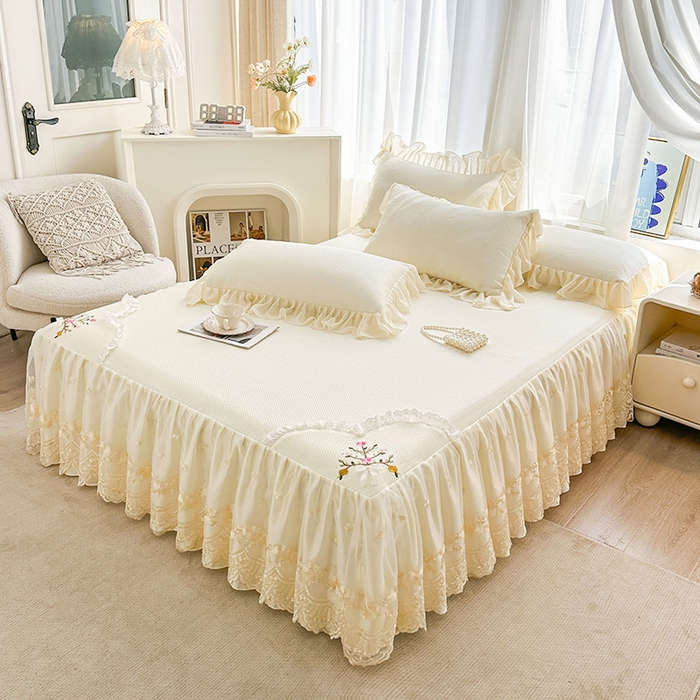 91家纺网 家纺一手货源 找家纺 （总）好儿喜家纺 2025新款春意浓系列凉席床裙冰丝席床罩凉席韩式凉感豆豆凉席床盖