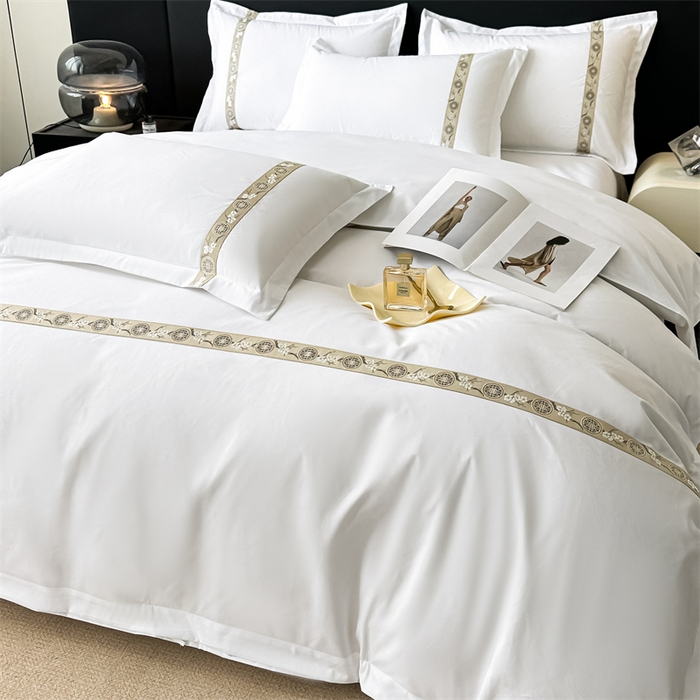 91家纺网 家纺一手货源 找家纺 梦庭帛美 2025新款宾馆刺绣四件套 梅花-卡其