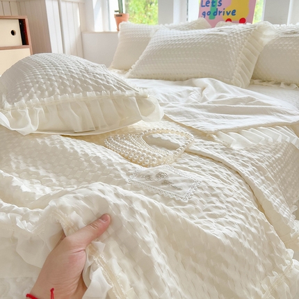 2025新款韩版公主风字母格泡泡纱夏凉被四件套 泡泡纱-奶白