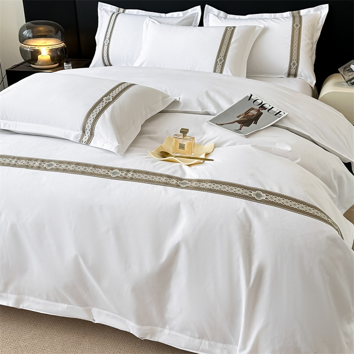 91家纺网 家纺一手货源 找家纺 梦庭帛美 2025新款宾馆刺绣四件套 吉祥-卡其