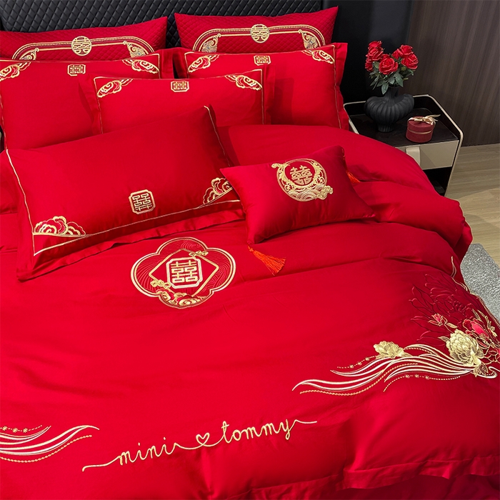 91家纺网 家纺一手货源 找家纺 张公子婚庆馆2025新款长绒棉新中式精美刺绣婚庆四件套（控价不低于328）