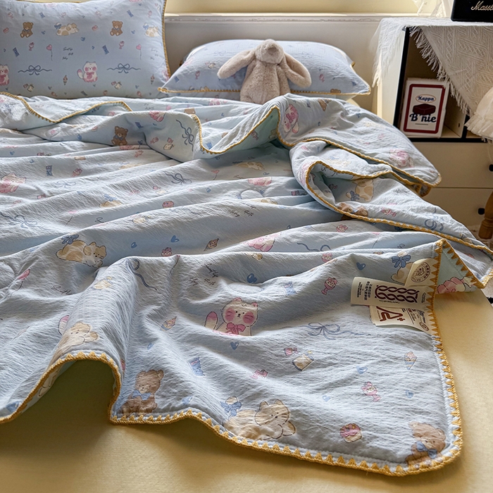 91家纺网 家纺一手货源 找家纺 星巴k家纺 2025新款春夏云感双层纱A类母婴级三角针夏被贝壳边夏凉被贝壳绣【可提供买家秀】 贝壳绣-小猫时光