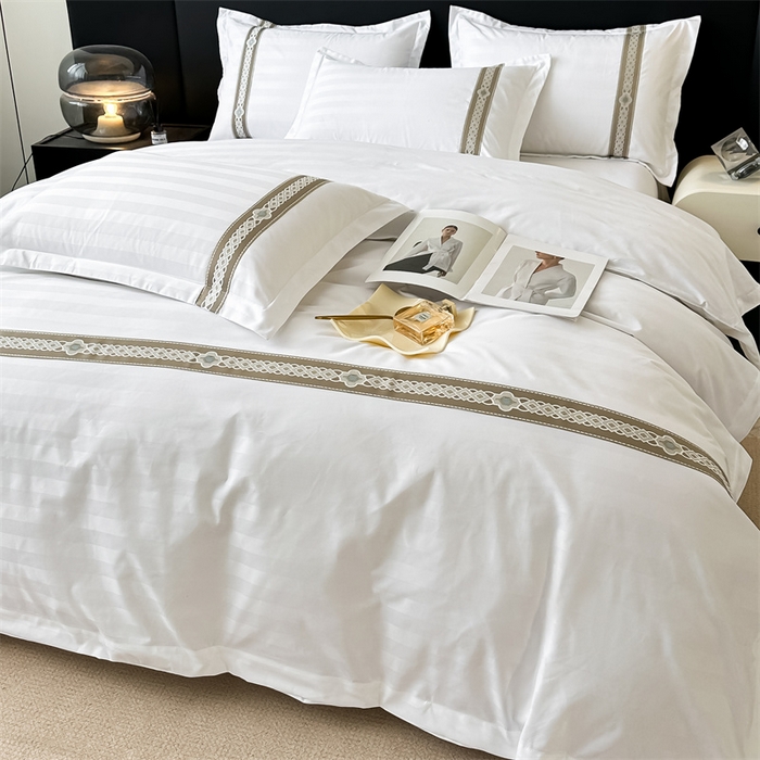 91家纺网 家纺一手货源 找家纺 梦庭帛美 2025新款段条刺绣飞边款四件套 吉祥-咖