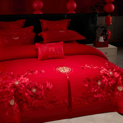 91家纺网 家纺一手货源 找家纺 （总）尹黛尔 2023新款婚庆四件套大红色刺绣可配多件套