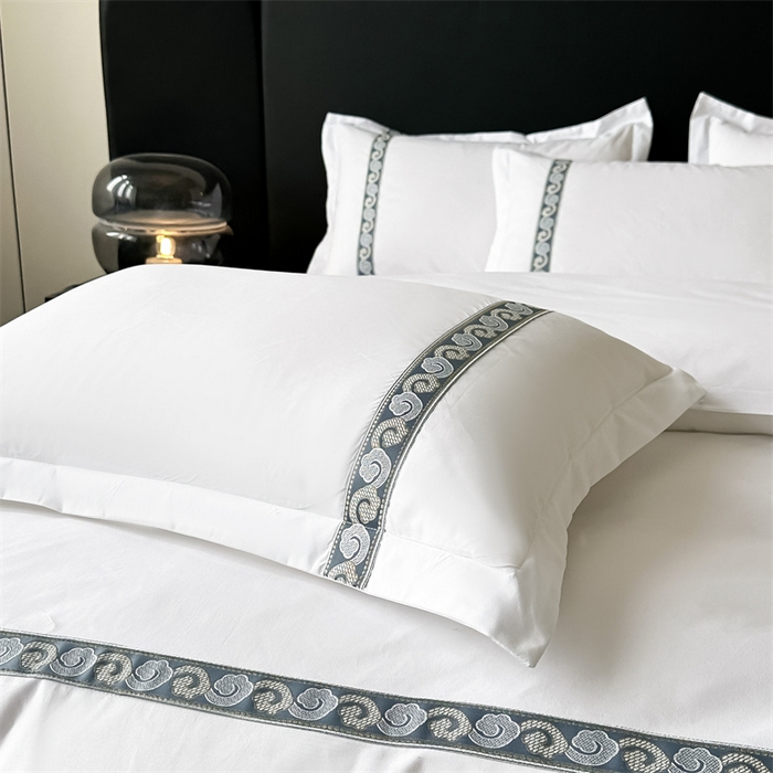 91家纺网 家纺一手货源 找家纺 梦庭帛美 2025新款宾馆刺绣四件套 祥云-藏蓝