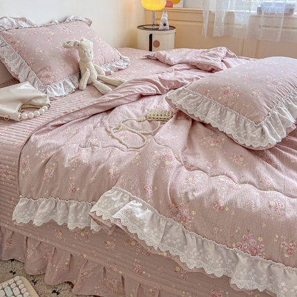 富米莱（原臻工厂） 2025新款云感亲肤棉床盖床裙夏凉被四件套-全棉双层花边 十里桃花