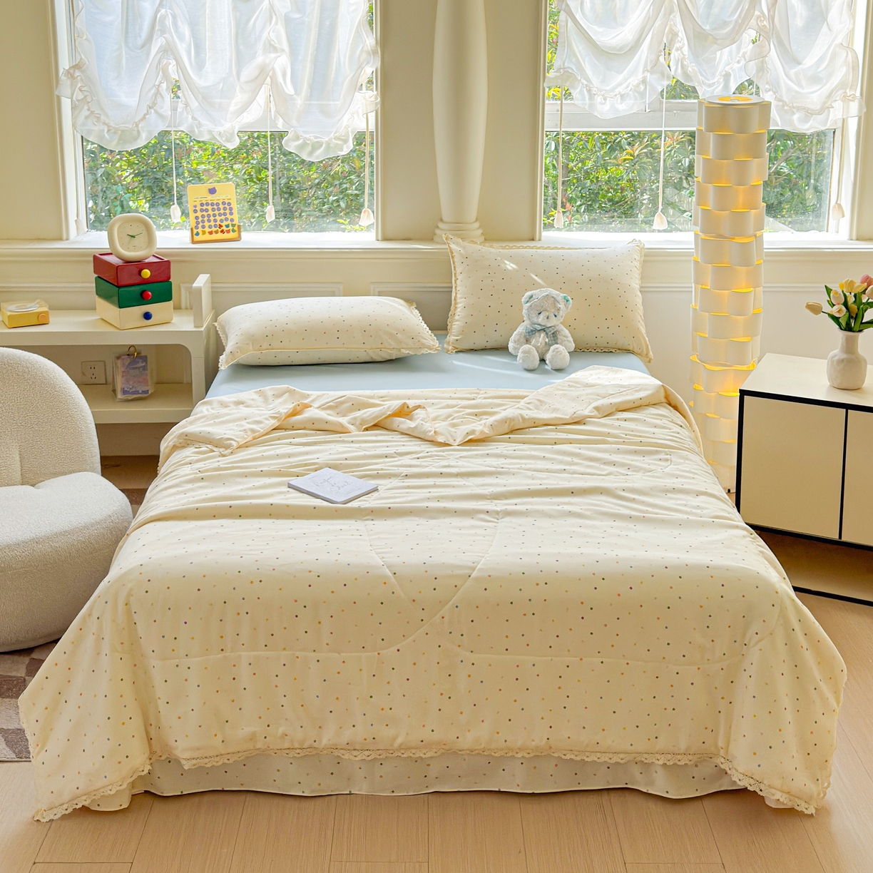 91家纺网 家纺一手货源 找家纺 可思家纺 2025新款针织棉双层纱夏被 奶油波点