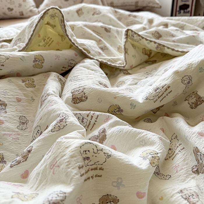 91家纺网 家纺一手货源 找家纺 星巴k家纺 2025新款春夏云感双层纱A类母婴级三角针夏被贝壳边夏凉被贝壳绣【可提供买家秀】 贝壳绣-狗狗日记