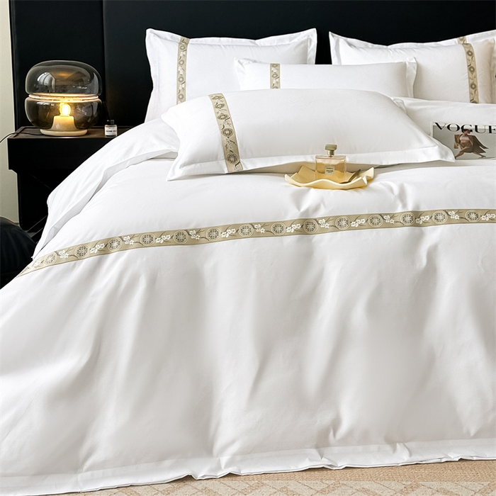 91家纺网 家纺一手货源 找家纺 梦庭帛美 2025新款宾馆刺绣四件套 梅花-卡其