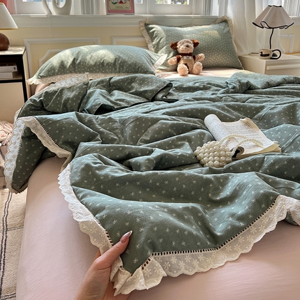水墨江南 2025新款全棉镂空花边夏被四件套 小蝴蝶结绿