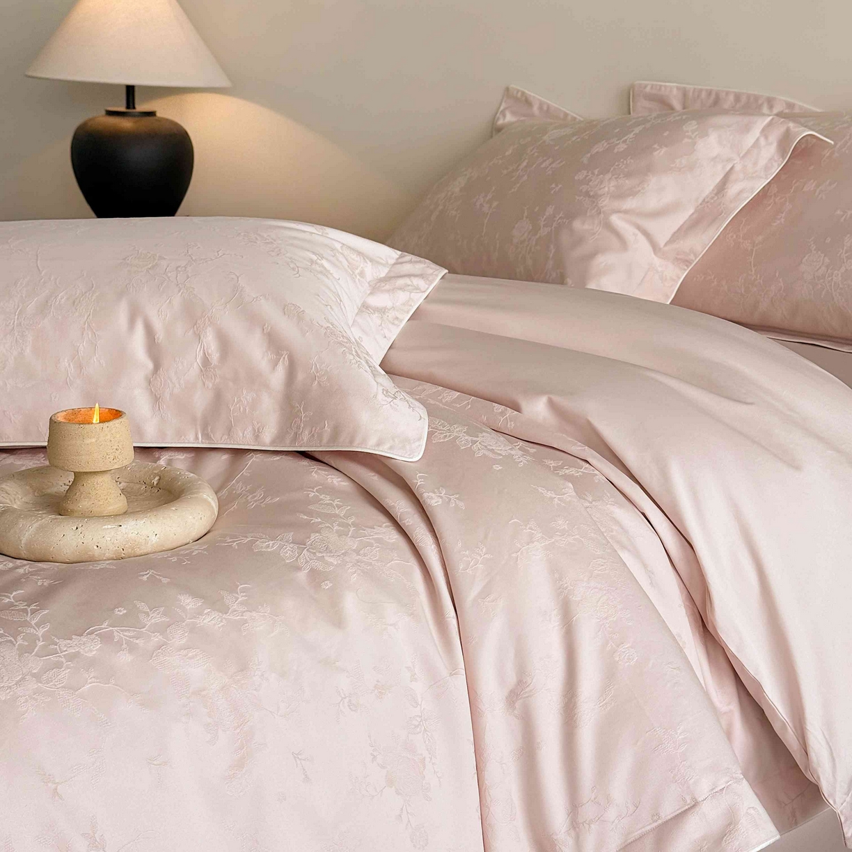 91家纺网 家纺一手货源 找家纺 涞澳家纺 2025新款全棉提花四件套 美玲-贝壳粉 