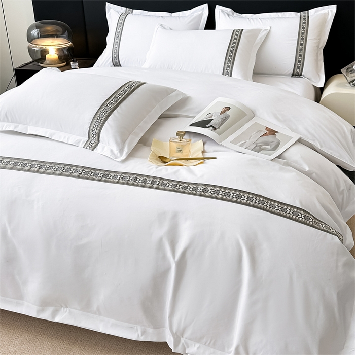 91家纺网 家纺一手货源 找家纺 梦庭帛美 2025新款宾馆刺绣四件套 幸运花-灰