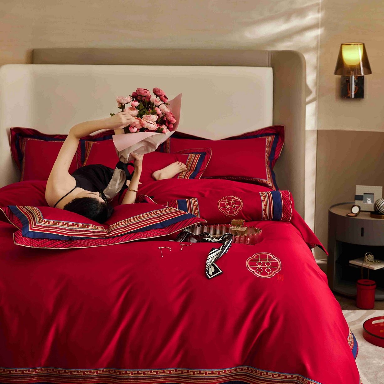 91家纺网 家纺一手货源 找家纺 涞澳家纺 2025新款婚庆款四件套 新禧双缘