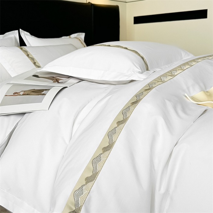 91家纺网 家纺一手货源 找家纺 梦庭帛美 2025新款宾馆刺绣四件套 山川-金