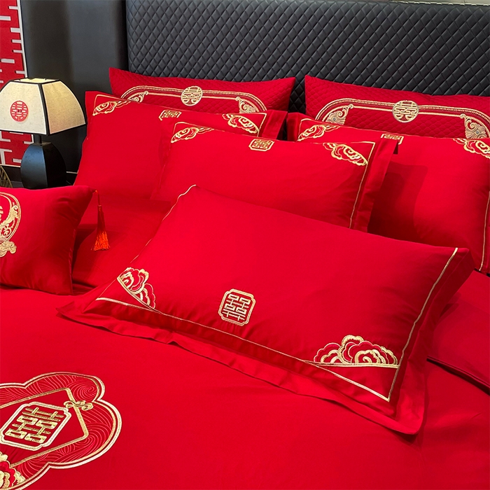 91家纺网 家纺一手货源 找家纺 张公子婚庆馆2025新款长绒棉新中式精美刺绣婚庆四件套（控价不低于328）