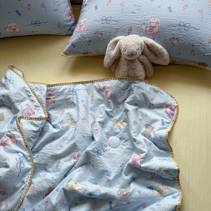 91家纺网 家纺一手货源 找家纺 星巴k家纺 2025新款春夏云感双层纱A类母婴级三角针夏被贝壳边夏凉被贝壳绣【可提供买家秀】 贝壳绣-小猫时光