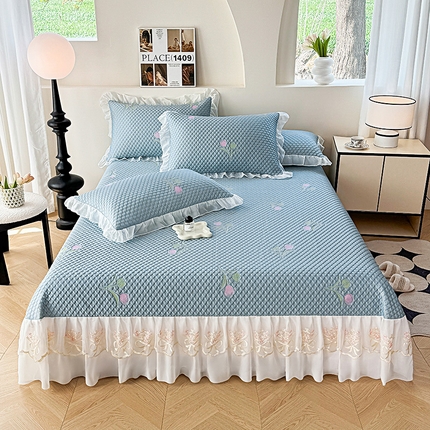 提花大世界 2025新款A类PE乙纶冰丝凉感三色织550克冰豆豆凉席床裙软凉席 郁金香—PE蓝