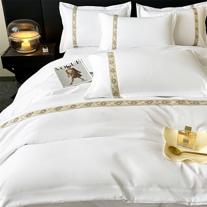 91家纺网 家纺一手货源 找家纺 梦庭帛美 2025新款宾馆刺绣四件套 梅花-卡其