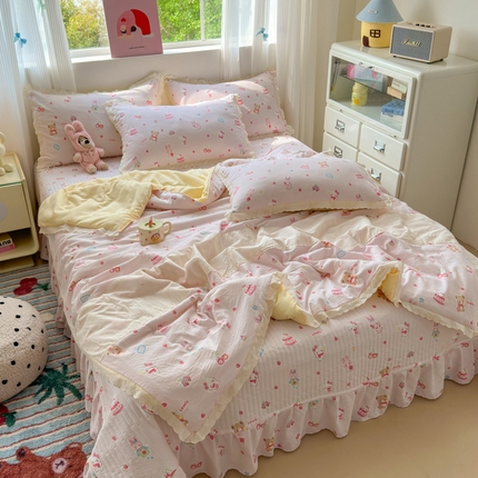 2025新款小清新全棉花边水洗棉夏凉被四件套 兔兔下午茶