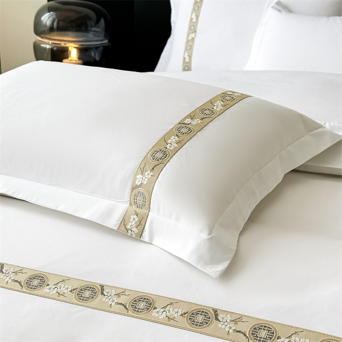 91家纺网 家纺一手货源 找家纺 梦庭帛美 2025新款宾馆刺绣四件套 梅花-卡其