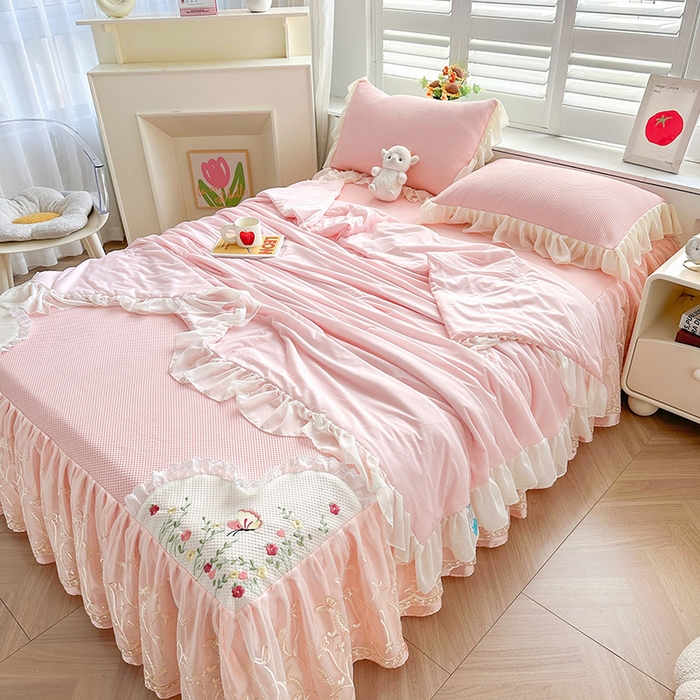 91家纺网 家纺一手货源 找家纺 （总）好儿喜家纺 2025新款繁花系列凉席床裙冰丝席床罩凉席韩式凉感豆豆凉席床盖四件套